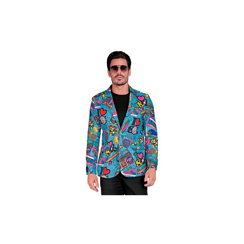 DEGUISEMENT VESTE ANNEES 80'S SUR FOND BLEU AVEC MOTIFS TAILLE M DEGUISEMENT VESTE ANNEES 80'S SUR FOND BLEU AVEC MOTIFS TAILLE M