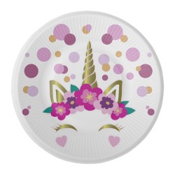 8 ASSIETTES RONDES EN CARTON LICORNE UNICORN BABY 18 CM 