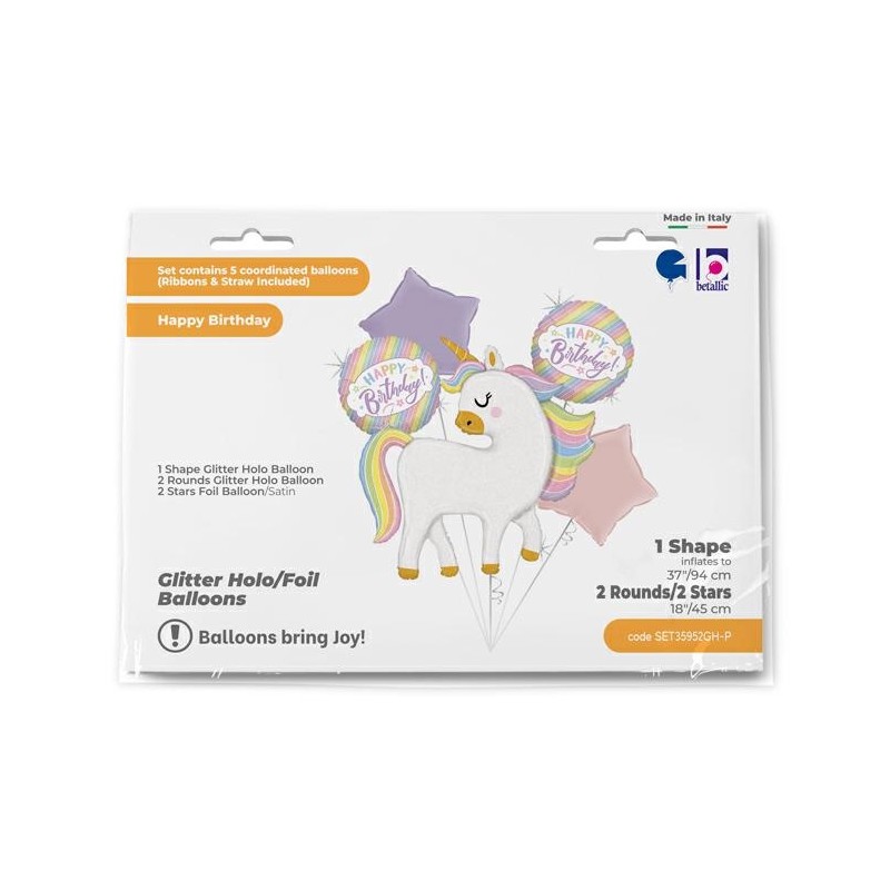 BOUQUET DE 5 BALLONS METALLIQUES LICORNE BOUQUET DE 5 BALLONS METALLIQUES LICORNE