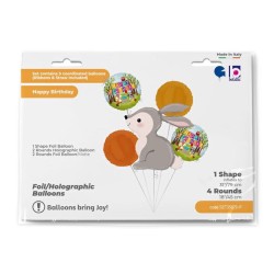 BOUQUET DE 5 BALLONS METALLIQUES LAPIN ET ANIMAUX DE LA FORET