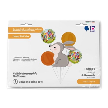 BOUQUET DE 5 BALLONS METALLIQUES LAPIN ET ANIMAUX DE LA FORET