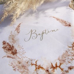 CHEMIN DE TABLE BAPTEME TISSU BLANC PAMPAS FLEURS DE COTON OR 28 CM X 5 M 