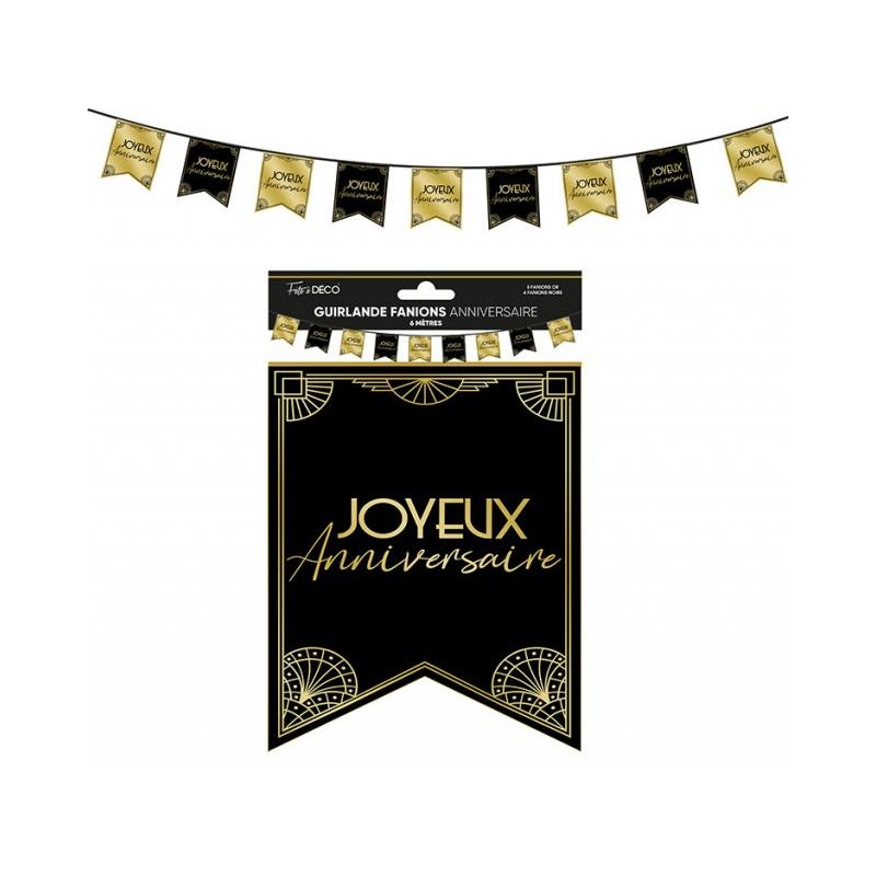 GUIRLANDE FANIONS JOYEUX ANNIVERSAIRE ART DECO NOIR ET OR 6 METRES GUIRLANDE FANIONS JOYEUX ANNIVERSAIRE ART DECO NOIR ET OR 6 METRES