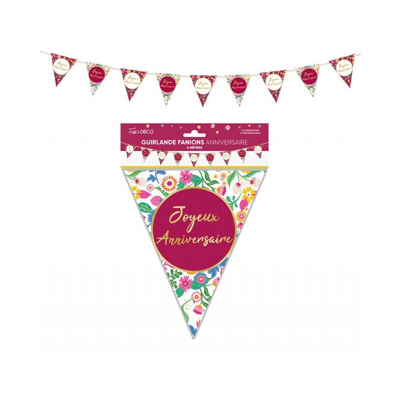 GUIRLANDE FANIONS JOYEUX ANNIVERSAIRE ROSE FRAMBOISE DECOR FLORAL 6 METRES GUIRLANDE FANIONS JOYEUX ANNIVERSAIRE ROSE FRAMBOISE DECOR FLORAL 6 METRES