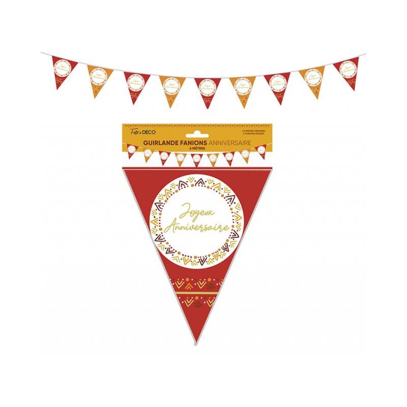 GUIRLANDE FANIONS JOYEUX ANNIVERSAIRE ROUGE ET ORANGE DECOR BOHEME 6 METRES GUIRLANDE FANIONS JOYEUX ANNIVERSAIRE ROUGE ET ORANGE DECOR BOHEME 6 METRES