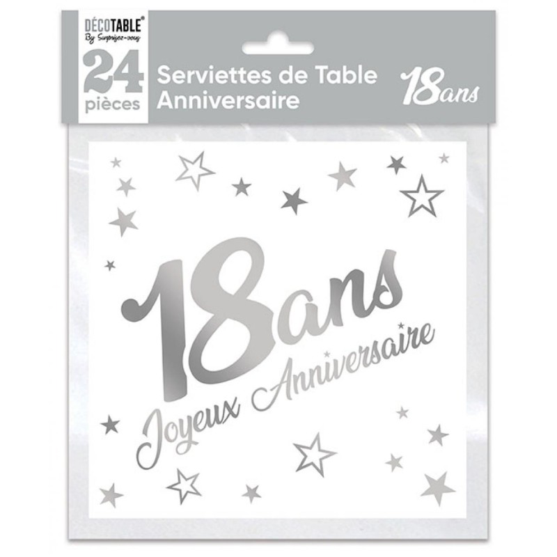 SACHET 24 SERVIETTES 18 ANS BLANC ET ARGENT METALLISE 33 X 33 CM SACHET 24 SERVIETTES 18 ANS BLANC ET ARGENT METALLISE 33 X 33 CM