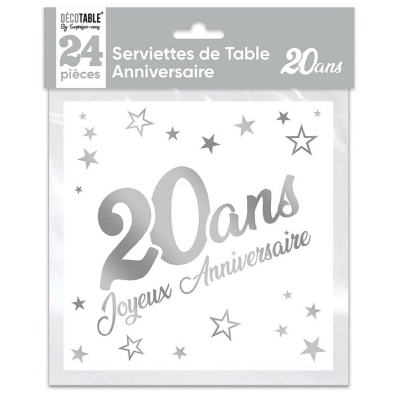 SACHET 24 SERVIETTES 20 ANS BLANC ET ARGENT METALLISE 33 X 33 CM SACHET 24 SERVIETTES 20 ANS BLANC ET ARGENT METALLISE 33 X 33 CM