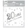 SACHET 24 SERVIETTES 20 ANS BLANC ET ARGENT METALLISE  33 X 33 CM 