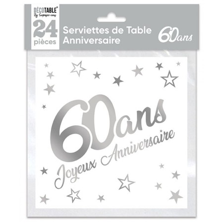 SACHET 24 SERVIETTES 60 ANS BLANC ET ARGENT METALLISE  33 X 33 CM 