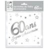 SACHET 24 SERVIETTES 60 ANS BLANC ET ARGENT METALLISE  33 X 33 CM 