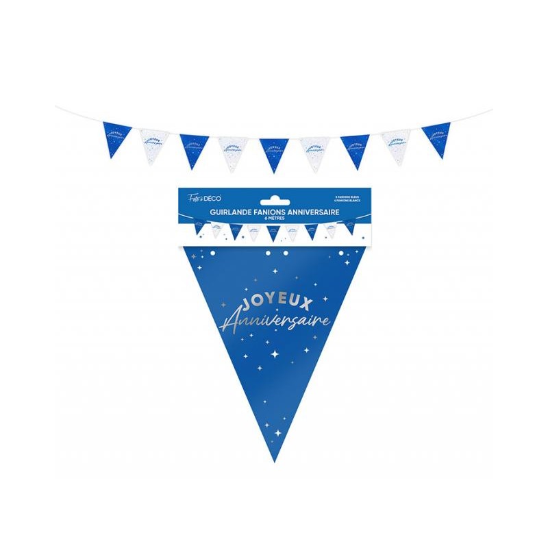 GUIRLANDE FANIONS JOYEUX ANNIVERSAIRE BLEU ET BLANC 6 METRES GUIRLANDE FANIONS JOYEUX ANNIVERSAIRE BLEU ET BLANC 6 METRES