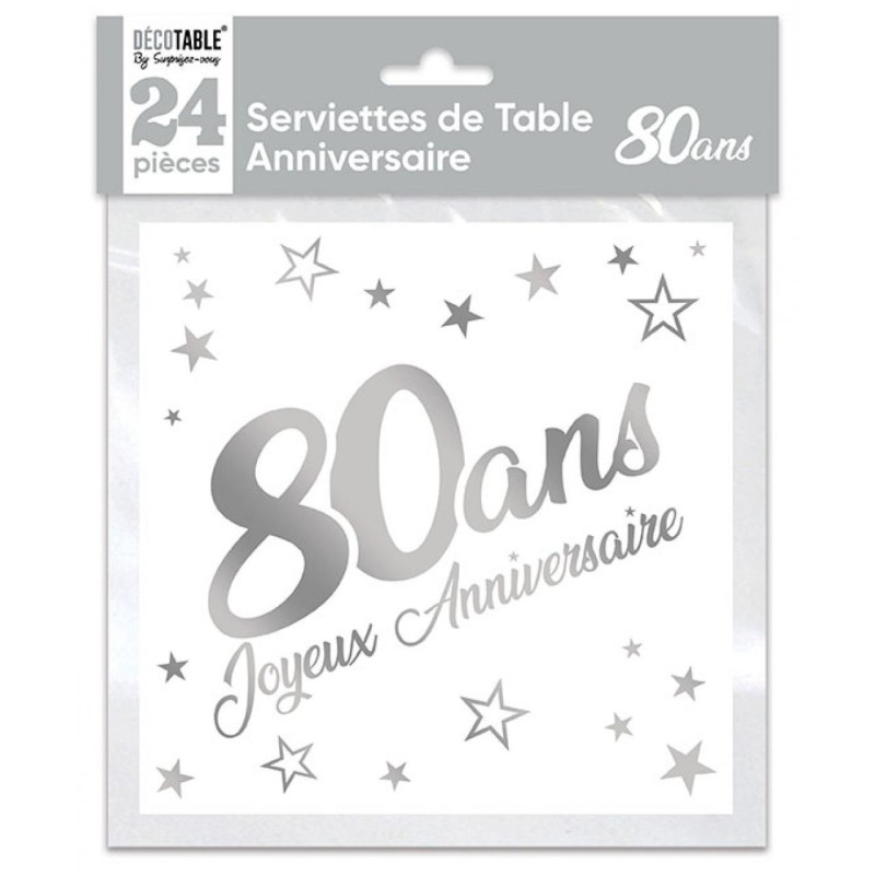 SACHET 24 SERVIETTES 80 ANS BLANC ET ARGENT METALLISE 33 X 33 CM SACHET 24 SERVIETTES 80 ANS BLANC ET ARGENT METALLISE 33 X 33 CM