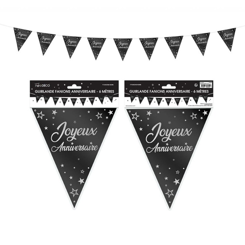 GUIRLANDE FANIONS JOYEUX ANNIVERSAIRE NOIR 6 METRES GUIRLANDE FANIONS JOYEUX ANNIVERSAIRE NOIR 6 METRES