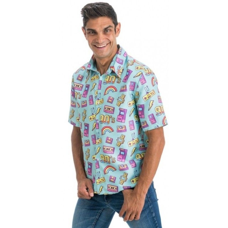 DEGUISEMENT CHEMISE ANNEES 80 OU 90 SUR FOND BLEU CIEL TAILLE L DEGUISEMENT CHEMISE ANNEES 80 OU 90 SUR FOND BLEU CIEL TAILLE L