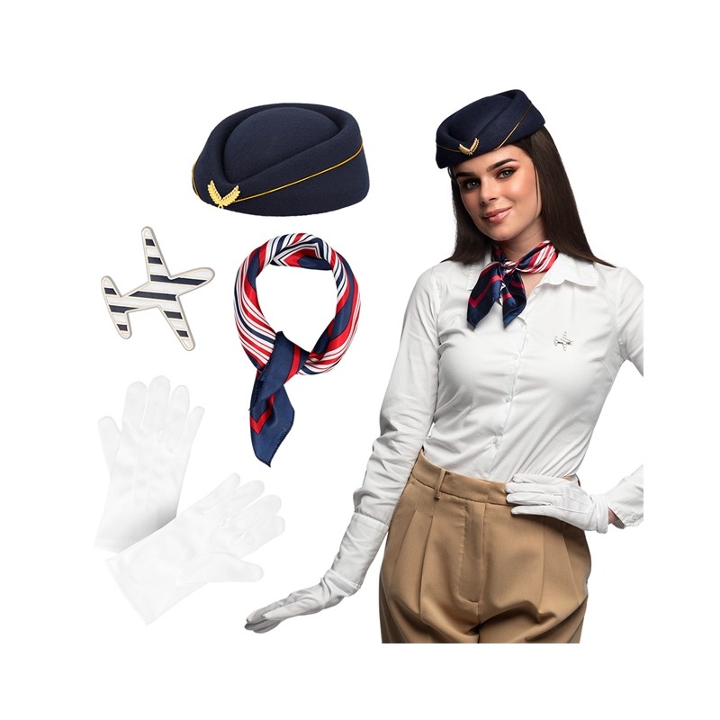 SET HOTESSE DE L'AIR ( CHAPEAU-GANTS-ECHARPE ET BADGE) SET HOTESSE DE L'AIR ( CHAPEAU-GANTS-ECHARPE ET BADGE)