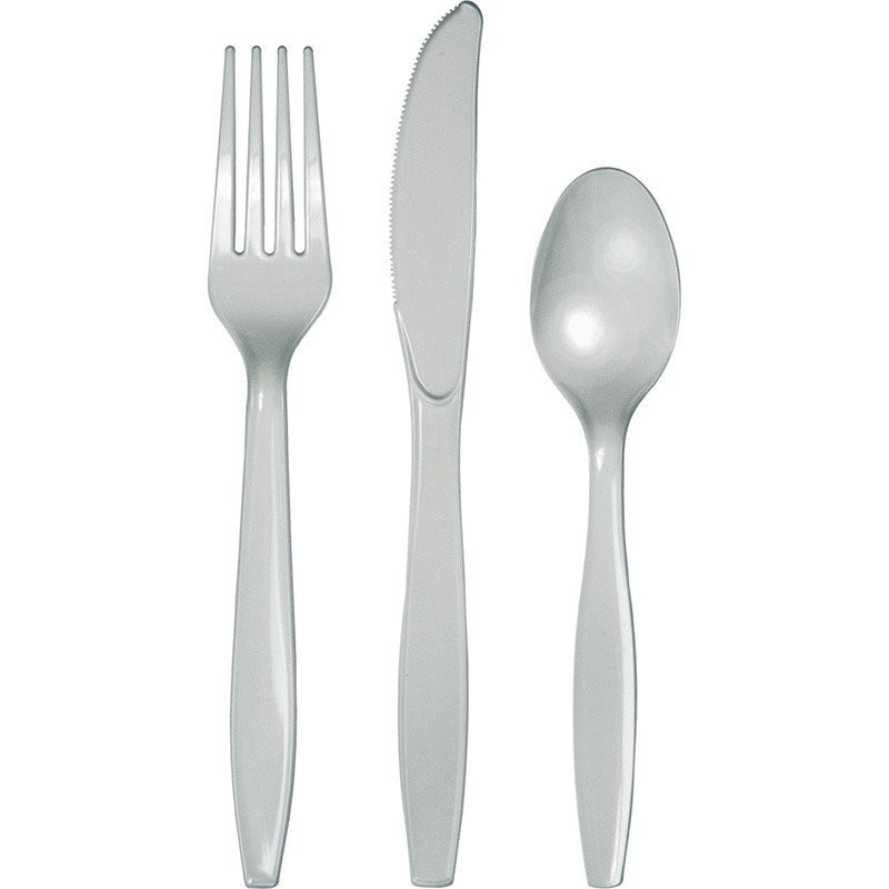 18 COUVERTS PLASTIQUE GRIS ARGENT 6 FOURCHETTES 6 COUTEAUX 6 CUILLERES 18 COUVERTS PLASTIQUE GRIS ARGENT 6 FOURCHETTES 6 COUTEAUX 6 CUILLERES