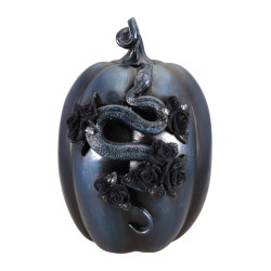 CITROUILLE POLYRESINE BLEUE NUIT AVEC SERPENT ET ROSES 19.5CM X 21.5CM X 28.5CM