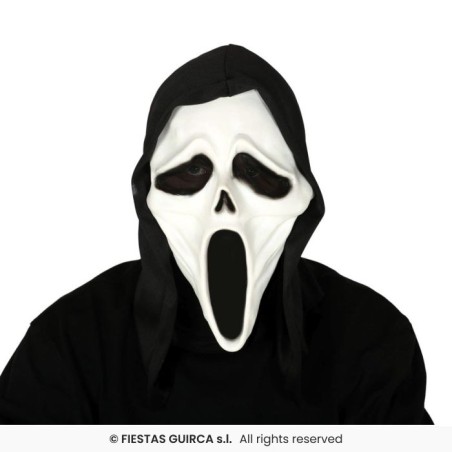 MASQUE SCREAM HALLOWEEN ASSASSIN BLANC AVEC CAPUCHE NOIRE