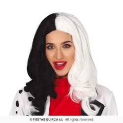 PERRUQUE NOIRE ET BLANCHE FEMME CRUELLE LONGS CHEVEUX LISSES SANS FRANGE