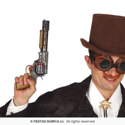 REVOLVER STEAMPUNK ARGENT ET OR VIEILLI 30 CM