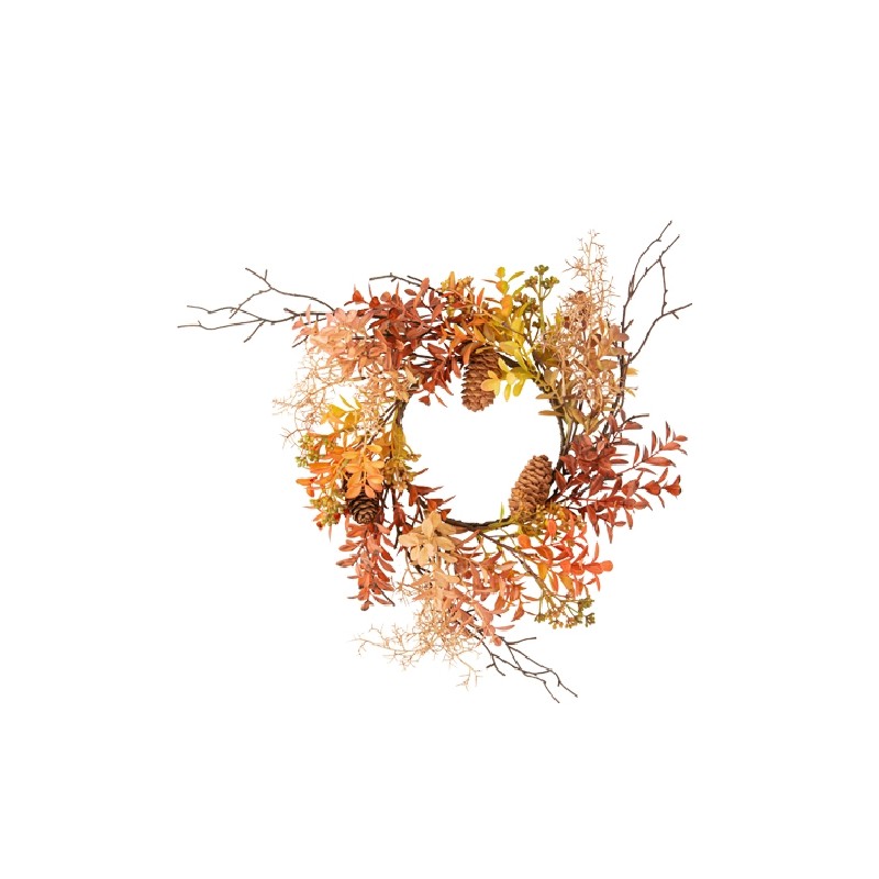 COURONNE NATURE D'AUTOMNE POMME DE PIN ET FEUILLAGE DEGRADE D'ORANGE ET VERT COURONNE NATURE D'AUTOMNE POMME DE PIN ET FEUILLAGE DEGRADE D'ORANGE ET VERT