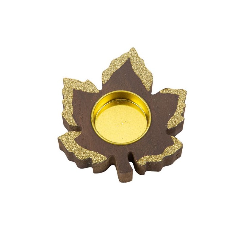 BOUGEOIR FEUILLES D'ERABLE EN BOIS CHOCOLAT ET PAILLETTES OR BOUGEOIR FEUILLES D'ERABLE EN BOIS CHOCOLAT ET PAILLETTES OR