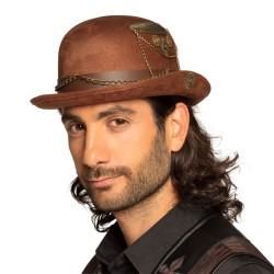 CHAPEAU MELON STEAMPUNK MARRON AVEC LUNETTES CHAINPUNK