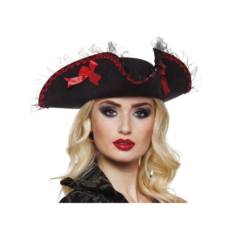CHAPEAU PIRATE TRICORNE NOIR ET ROUGE AMIRAL RACHEL CHAPEAU PIRATE TRICORNE NOIR ET ROUGE AMIRAL RACHEL