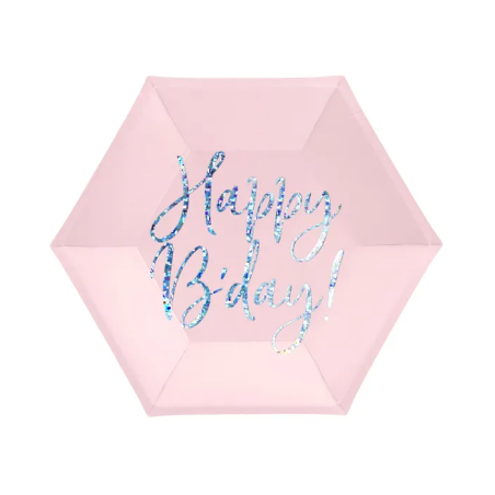 6 ASSIETTES HEXAGONALES HAPPY BRITHDAY ROSE PASTEL 20 CM
