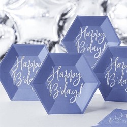 6 ASSIETTES HEXAGONALES EN CARTON BLEU HAPPY BIRTHDAY ARGENT 20 CM