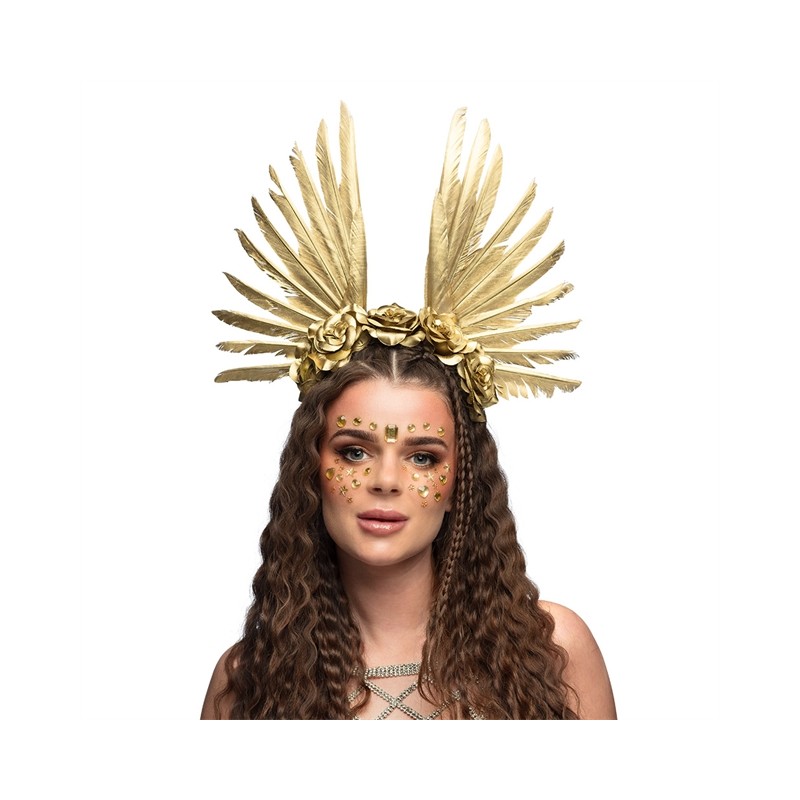 TIARE COURONNE DIADEME SERRE TETE HALO STELLA PLUMES ET FLEURS OR TIARE COURONNE DIADEME SERRE TETE HALO STELLA PLUMES ET FLEURS OR