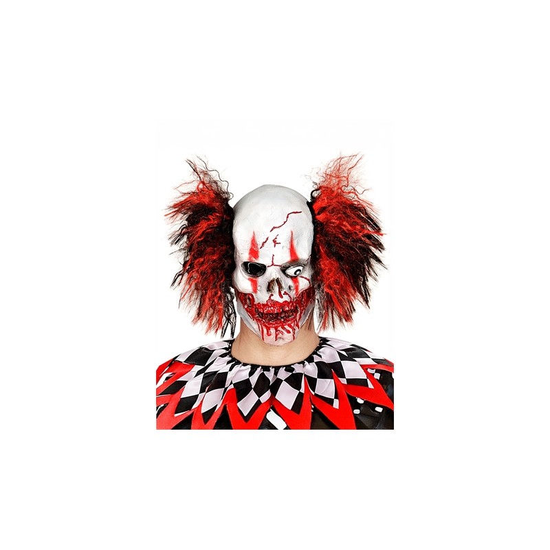 MASQUE LATEX CLOWN ROUGE SANGLANT CHEVEUX ROUGE ET NOIR