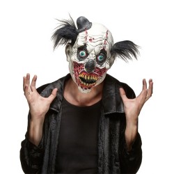 MASQUE LATEX CLOWN SANGLANT NOIR ET BLANC CHEVEUX NOIR