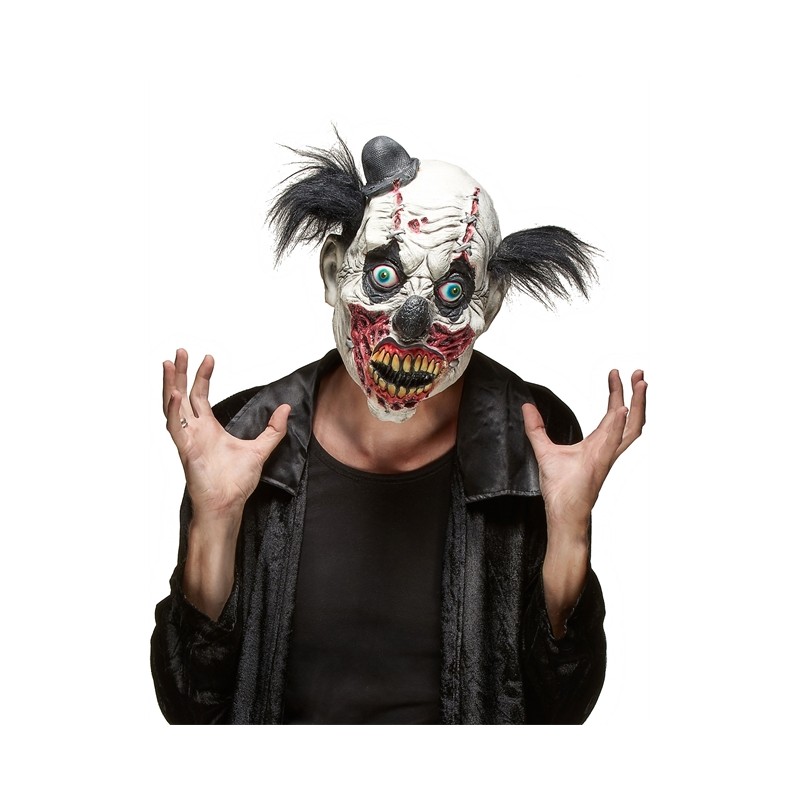 MASQUE LATEX CLOWN SANGLANT NOIR ET BLANC CHEVEUX NOIR