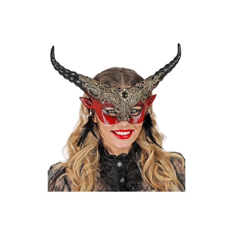 MASQUE DIABLE ROUGE AVEC CORNES NOIRES ET OR + PENDENTIFS MASQUE DIABLE ROUGE AVEC CORNES NOIRES ET OR + PENDENTIFS