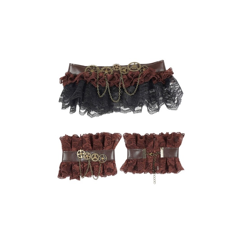 TOUR DE COU ET POGNET EN DENTELLE STEAMPUNK MARRON ET NOIR TOUR DE COU ET POGNET EN DENTELLE STEAMPUNK MARRON ET NOIR