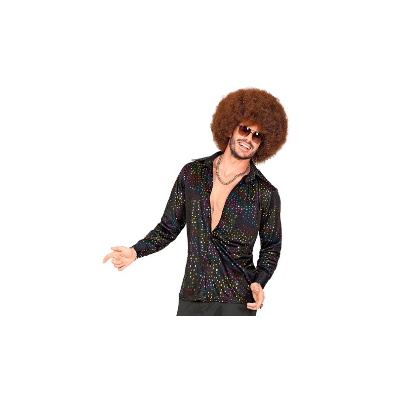 CHEMISE DISCO PAILLETTES MULTICOLORES SUR FOND NOIR TAILLE L-XL CHEMISE DISCO PAILLETTES MULTICOLORES SUR FOND NOIR TAILLE L-XL