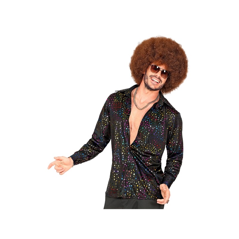 CHEMISE DISCO PAILLETTES MULTICOLORES SUR FOND NOIR TAILLE S-M CHEMISE DISCO PAILLETTES MULTICOLORES SUR FOND NOIR TAILLE S-M