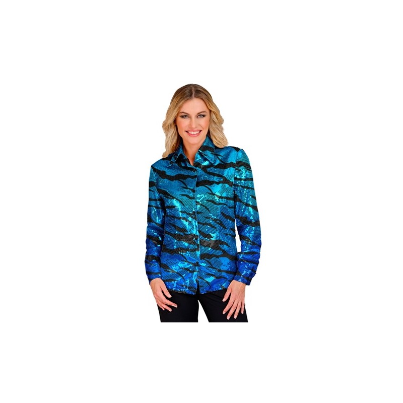 DEGUISEMENT CHEMISE FEMME SEQUIN OU PAILLETTE BLEU TAILLE L-XL DEGUISEMENT CHEMISE FEMME SEQUIN OU PAILLETTE BLEU TAILLE L-XL