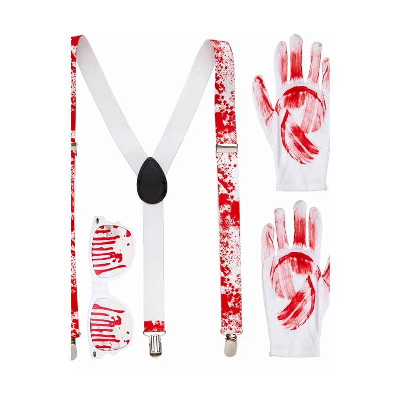 KIT ASSASSINS BLANC AVEC SANG BRETELLES LUNETTES ET GANTS