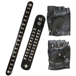 MITAINES EN CUIR ET BRACELET ET RAS DE COU ROCKEUR/BIKER 