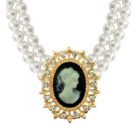 COLLIER DE PERLES BLANCHES RAS DE COU  AVEC CAME ROCOCO BAROQUE