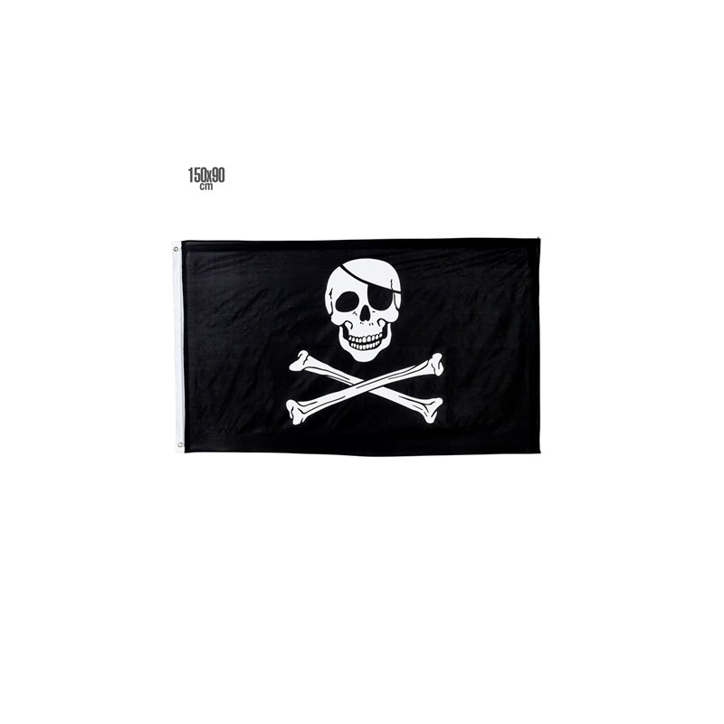 DRAPEAU  DE PIRATE EN TISSU TETE DE MORT NOIR ET BLANC 90 X 150 CM 