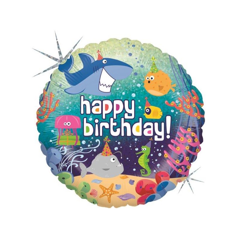 BALLON METALLIQUE ROND HAPPY BIRTHDAY POISSONS ET FOND MARINS 46 CM 
