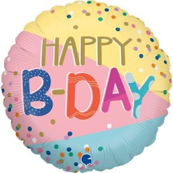 BALLON ROND METALLIQUE HAPPY BIRTHDAY COULEURS PASTEL 46 CM 