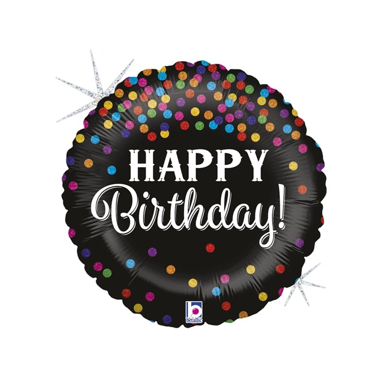 BALLON METALLIQUE ROND HAPPY BIRTHDAY NOIR AVEC CONFETTIS MULTICOULEUR 46 CM BALLON METALLIQUE ROND HAPPY BIRTHDAY NOIR AVEC CONFETTIS MULTICOULEUR 46 CM