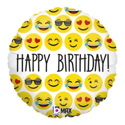 BALLON METALLIQUE ROND HAPPY BIRTHDAY (EMOJI) 46 CM 