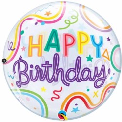 BALLON BUBBLES HAPPY BIRTHDAY MULTICOLORE CONFETTIS ET SEPENTINS 56 CM 