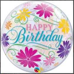BALLON BUBBLES HAPPY BIRTHDAY FLEURS MULTICOLORES 56 CM 