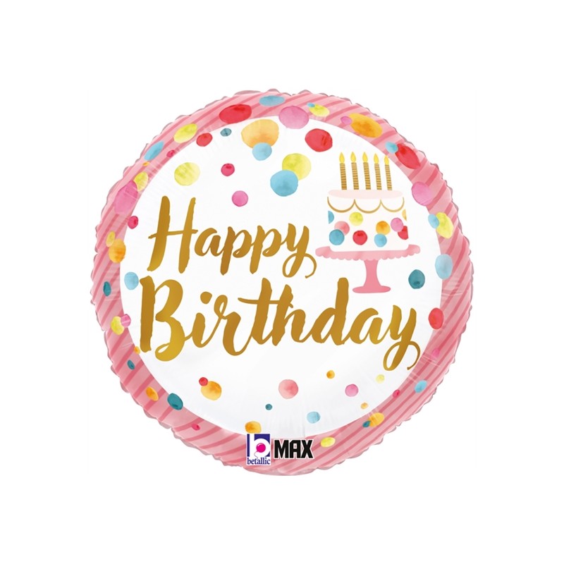 BALLON METALLIQUE ROND HAPPY BIRTHDAY PARTY TIME CONFETTIS ROSE 46 CM 